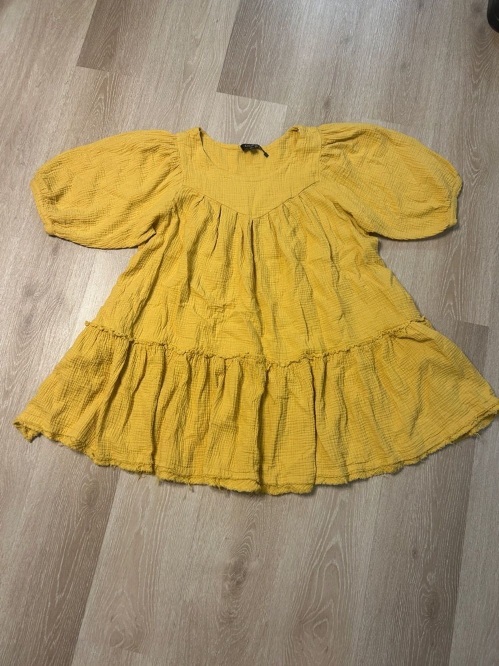 Gigio Mustard Yellow Gauze Babydoll Puffed Sleeves Tunic Top/Baby Doll Dress